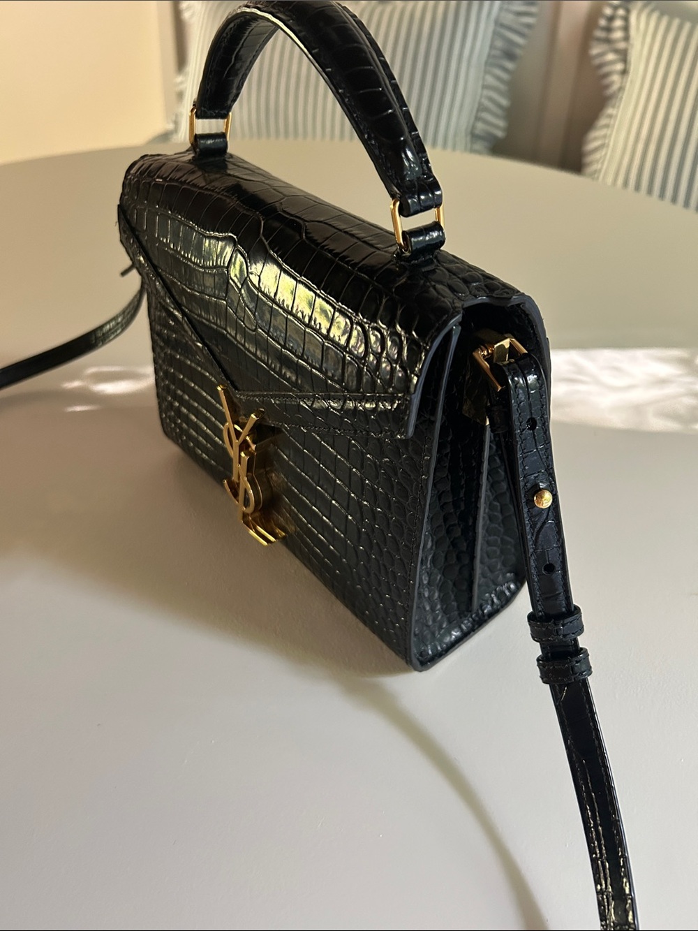 Saint Laurent Black Croc-Embossed Top Handle Satchel Mini Cassandra Purse - Picture 13 of 14